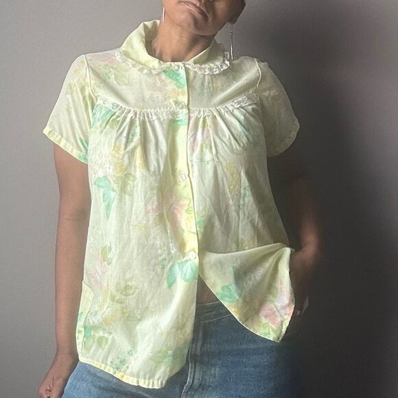 Vintage Button Up Pajama Top Peter Pan Collar Lace Butterflies Yellow Size L - Picture 6 of 10
